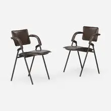 Jacques Adnet, Folding chairs from the S.S. France ocean liner, c. 1960, leather upholstery, enameled steel