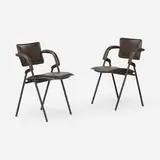 Jacques Adnet, Folding chairs from the S.S. France ocean liner, c. 1960, leather upholstery, enameled steel
