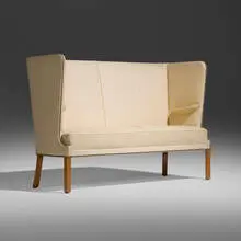 High Back sofa by Frits Henningsen, c. 1940, leather, steel, oak, sold Dec 2025