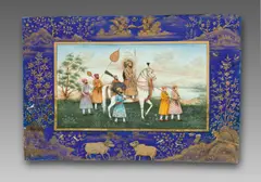 Delhi Indisch, Miniatur: Abu'l-Muzaffar Shihab ad-Din Muhammad Shah Jahan (1592–1666) zu Pferde, gegenüber dem Taj Mahal an der Yamuna. Ab ca, 1840, Gouache auf Elfenbein
