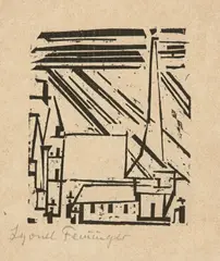 Gelmeroda Kirche und Häuser by Lyonel Feininger, 1918, Holzschnitt auf Japanbütten, sold Jun 2016