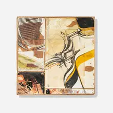 Augustine Kofie, Deconstruct During Incline, watercolor, acrylic and found objects on panel