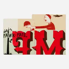Margaret Kilgallen, Untitled (Fawk-Fate), c. 1998, acrylic, conté crayon, and stitching on found sketchbook paper