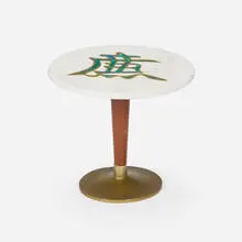 Pepe Mendoza, Occasional table, c. 1958, marble, ceramic inlay, mahogany, brass