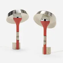Angelo Lelii, Table lamps, pair, c. 1968, enameled brass, stainless steel, chrome-plated steel, acrylic