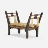 Carlo Bugatti, Bench, c. 1902, Italian walnut, pewter inlay, copper, vellum, cotton