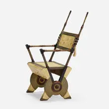 Carlo Bugatti, Important chair, 1902, ebonized wood, vellum over wood, walnut, brass, cotton, ink