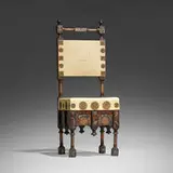 Carlo Bugatti, Hall chair, c. 1905, ebonized wood, pewter, copper, vellum