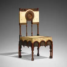 Carlo Bugatti, Side chair, c. 1902, Italian walnut, pewter, copper, vellum over wood
