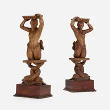 Venetian, Mermaid pedestals, pair, carved walnut