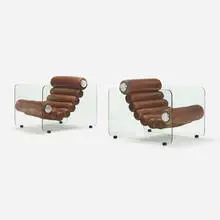 Fabio Lenci, Chain armchairs, pair, 1966, leather, tempered glass, metal, aluminum