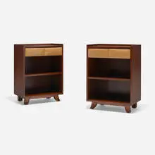 Gilbert Rohde, Nightstands, pair, c. 1935, mahogany, leather