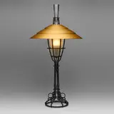 Albert Paley, Corona lamp, 1999, forged and fabricated steel with monochromed finish, anodized aluminum, frosted glass
