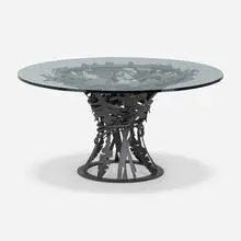 Albert Paley, Breakfast table, 2006, forged and fabricated steel with blackened and polychromed finish, glass