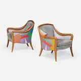 Timothy Philbrick and Garry Knox Bennett, Lounge chairs, pair, c. 1990, walnut, painted suede upholstery