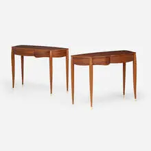Timothy Philbrick, Asymetrical hall tables, pair, 1991, mahogany, fossilized bone