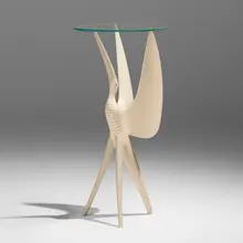 Table with Bird by Judy Kensley McKie, 1982, carved and painted poplar, glass, sold Jan 2025