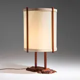 George Nakashima, Early table lamp, 1959, oak burl, walnut, holly, fiberglass
