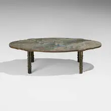 Chan Boucher coffee table by Philip and Kelvin Laverne, c. 1965, acid-etched and patinated brass over pewter and wood, sold Jan 2025