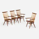 New armchairs, set of four by George Nakashima, 1972, 1980, American black walnut, hickory, sold Jan 2025