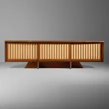 George Nakashima, Special-order Conoid room divider cabinet, 1983, American black walnut, pandanus cloth