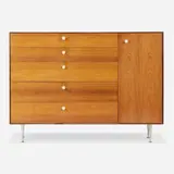 Thin Edge cabinet, model 5245 by George Nelson & Associates, 1952, rosewood, aluminum, porcelain, sold Jan 2025