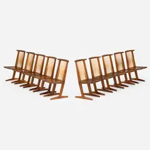George Nakashima, Conoid chairs, set of ten, 1976, 1987, American black walnut, hickory