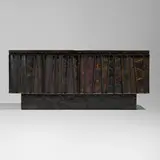 Paul Evans, Deep Relief cabinet, model PE-42, c. 1970, torch-cut, welded, polychromed and patinated steel, enameled wood, cleft slate
