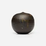 Closed Form (with rattle) by Toshiko Takaezu, c. 1988, Alchemy Gold-glazed stoneware, sold Jan 2025