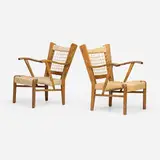 I Due Forni, Armchairs, set of two, c. 1942, walnut, rush, sea grass cord