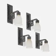 Sconces for Ferronnerie d'Art des Galeries Lafayette, Atelier La Maîtrise, France, set of four by attribution and Daum Marcel Vasseur, c. 1925, patinated wrought iron, glass, sold Dec 2025