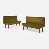 Benches from High Court, Chandigarh, pair by Pierre Jeanneret, c. 1959, upholstery, teak, sold Dec 2025