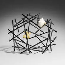 Buckminster Fuller, Prototype Yin Yang Tensegrity Geodesic Dome sculpture, 1979-80, painted wood dowels, plastic-coated wire, seashell, bone
