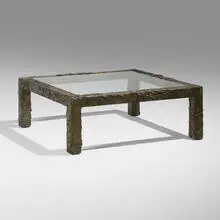 Sculpted Bronze coffee table by Paul Evans, 1970, bronzed resin over wood, glass, sold Dec 2025