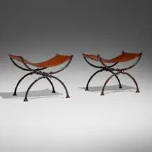 Selected By Frances Elkins, Benches from the Mrs. Lester Armour residence, Lake Bluff, IL, pair, c. 1940, patinated bronze, leather