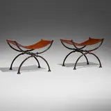 Selected By Frances Elkins, Benches from the Mrs. Lester Armour residence, Lake Bluff, IL, pair, c. 1940, patinated bronze, leather
