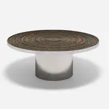 Karl Springer, Rare Custom dining table, c. 1972, polished stainless steel, feathers, glass, painted wood