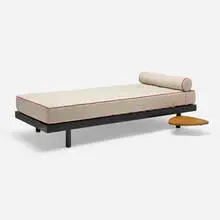 SCAL daybed, model 450 by Jean Prouvé, c. 1950, upholstery, enameled steel, oak, sold Dec 2025