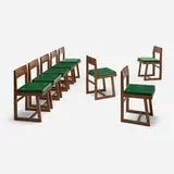Chairs from Punjab University, Chandigarh, set of eight by Pierre Jeanneret, c. 1960, teak, cane, upholstery, sold Dec 2025