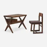 Desk and chair from Chandigarh by Pierre Jeanneret, c. 1958-1960, teak, cane, leather, hide, aluminum, sold Dec 2025