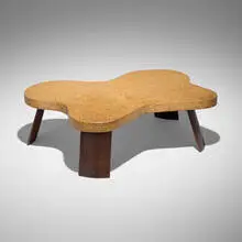 Coffee table, model 5005 by Paul Theodore Frankl, c. 1951, lacquered cork, stained mahogany, sold Dec 2025