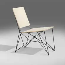 Prototype chair by Richard E. Filipowski, c. 1953, painted plywood, lacquered steel, sold Dec 2025