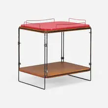 Richard E. Filipowski, Prototype serving table with tray, c. 1953, walnut plywood, wrought iron
