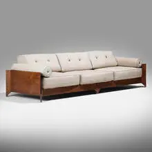 Brasiliana sofa by Jorge Zalszupin, 1959-1965, jacaranda, upholstery, aluminum, brass, sold Dec 2025
