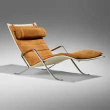 Grasshopper chaise lounge by Preben Fabricius and Jørgen Kastholm, c. 1968, leather upholstery, chrome-plated steel, canvas, leather cord, sold Dec 2025