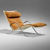 Grasshopper chaise lounge by Preben Fabricius and Jørgen Kastholm, c. 1968, leather upholstery, chrome-plated steel, canvas, leather cord, sold Dec 2025