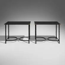 Jacques Adnet, Occasional tables, pair, c. 1955, vinyl over wood, painted steel, brass