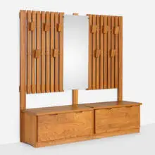 Pierre Chapo, Hall tree with storage bench, c. 1965, elm, mirrored glass