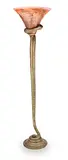 STAMPED 'E.BRANDT' TO BASE; CIRCA 1925 by designed by Edgar Brandt 'La Tentation' an Art Deco Gilt Bronze Torchière, the later replacement shade of flared conical form in pink glass with mottled tones of brown and red, offered Oct 2018