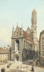 Franz Poledne, Maria am Gestade, Vienna, watercolour heightened with white